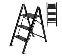 Sekey Marchepied 3 Marches Pliable Aluminium, Escabeau Escamotable Châssis Acier Marches Alu Anti-Glissantes, Ultra Léger pour Maison & Cuisine, Certifié TÜV SGS EN131 EN14183, Capacité 150 kg, Noir