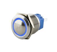 SeKi Bouton poussoir en acier inoxydable - Diamètre : 16 mm - Forme de tête bombée - Anneau LED coloré - Œillets à souder bleus - Connecteur 0,5 x 2,8 mm - Bouton de sonnette
