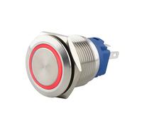 SeKi Bouton poussoir en acier inoxydable - Diamètre : 16 mm - Forme de tête plate - Anneau LED coloré - Œillets à souder rouges - Connecteur 0,5 x 2,8 mm - Bouton de sonnette