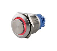 SeKi Bouton poussoir en acier inoxydable - Diamètre : 16 mm - Forme de tête saillante - Anneau LED coloré - Œillets à souder rouges - Connecteur plat 0,5 x 2,8 mm - Bouton de sonnette