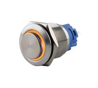 SeKi Bouton poussoir en acier inoxydable - Diamètre : 16 mm - Forme de tête saillante - Anneau LED coloré - Œillets à souder jaunes - Connecteur plat 0,5 x 2,8 mm - Bouton de sonnette