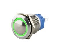 SeKi Bouton poussoir en acier inoxydable - Diamètre : 16 mm - Tête bombée - Anneau LED coloré - Œillets à souder verts - Connecteur 0,5 x 2,8 mm - Bouton de sonnette
