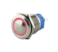 SeKi Bouton poussoir en acier inoxydable - Diamètre : 19 mm - Forme de tête bombée - Anneau LED coloré - Œillets à souder rouges - Connecteur 0,5 x 2,8 mm - Bouton de sonnette