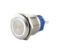 SeKi Bouton poussoir en acier inoxydable - Diamètre : 19 mm - Forme de tête plate - Anneau LED coloré éclairé - Œillets à souder blancs - Connecteur 0,5 x 2,8 mm - Bouton de sonnette