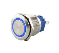 SeKi Bouton poussoir en acier inoxydable - Diamètre : 19 mm - Forme de tête plate - Anneau LED coloré éclairé en bleu - Œillets à souder - Connecteur plat 0,5 x 2,8 mm - Bouton de sonnette