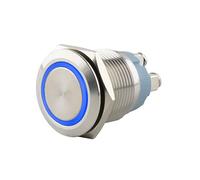 SeKi Bouton poussoir en acier inoxydable - Diamètre : 19 mm - Forme de tête plate - Anneau LED coloré éclairé - Raccord à vis bleu - Bouton de sonnette