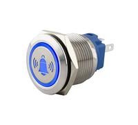 SeKi Bouton-poussoir en acier inoxydable - Diamètre : 19 mm - Forme de tête plate - Avec symbole de cloches éclairées en bleu - Œillets à souder - Connecteur plat 0,5 x 2,8 mm - Bouton de sonnette.
