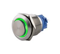 SeKi Bouton poussoir en acier inoxydable - Diamètre : 19 mm - Forme de tête saillante - Anneau LED coloré - Œillets à souder verts - Connecteur plat 0,5 x 2,8 mm - Bouton de sonnette