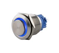 SeKi Bouton poussoir en acier inoxydable - Diamètre : 19 mm - Forme de tête saillante - Anneau LED coloré - Œillets à souder bleus - Connecteur 0,5 x 2,8 mm - Bouton de sonnette
