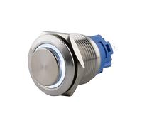 SeKi Bouton poussoir en acier inoxydable - Diamètre : 19 mm - Forme de tête saillante - Anneau LED coloré - Œillets à souder blancs - Connecteur plat 0,5 x 2,8 mm - Bouton de sonnette