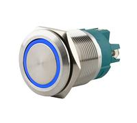 SeKi Bouton poussoir en acier inoxydable - Diamètre : 22 mm - Forme de tête plate - Anneau LED coloré éclairé - Raccord à vis bleu - Bouton de sonnette