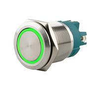 SeKi Bouton poussoir en acier inoxydable - Diamètre : 22 mm - Forme de tête plate - Anneau LED coloré éclairé - Raccord à vis vert - Bouton de sonnette