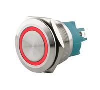 SeKi Bouton poussoir en acier inoxydable - Diamètre : 25 mm - Forme de tête plate - Anneau LED coloré éclairé - Raccord à vis rouge - Bouton de sonnette