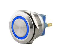 SeKi Bouton poussoir en acier inoxydable - Diamètre : 25 mm - Forme de tête plate - Anneau LED coloré éclairé en bleu - Œillets à souder - Connecteur plat 0,5 x 2,8 mm - Bouton de sonnette