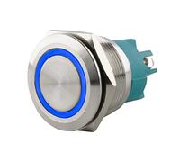 SeKi Bouton poussoir en acier inoxydable - Diamètre : 25 mm - Forme de tête plate - Anneau LED coloré éclairé - Raccord à vis bleu - Bouton de sonnette