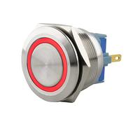 SeKi Bouton poussoir en acier inoxydable - Diamètre : 25 mm - Forme de tête plate - Anneau LED coloré - Œillets à souder rouges - Connecteur 0,5 x 2,8 mm - Bouton de sonnette