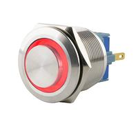 SeKi Bouton poussoir en acier inoxydable - Diamètre : 25 mm - Forme de tête saillante - Anneau LED coloré - Œillets à souder rouges - Connecteur plat 0,5 x 2,8 mm - Bouton de sonnette
