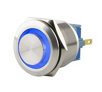 SeKi Bouton poussoir en acier inoxydable - Diamètre : 25 mm - Forme de tête saillante - Anneau LED coloré - Œillets à souder bleus - Connecteur plat 0,5 x 2,8 mm - Bouton de sonnette