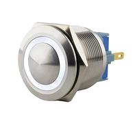 SeKi Bouton poussoir en acier inoxydable - Diamètre : 25 mm - Tête bombée - Anneau LED coloré - Œillets à souder blancs - Connecteur 0,5 x 2,8 mm - Bouton de sonnette