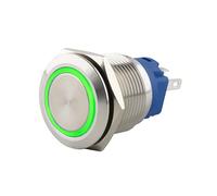 SeKi Interrupteur à pression en acier inoxydable - Diamètre : 16 mm - Forme de tête plate - Anneau LED coloré éclairé en vert - Connecteur 0,5 x 2,8 mm