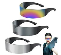 SelfTek Lot de 3 paires de lunettes de soleil futuristes étroites en forme de cyclope argentées, noires, colorées, verres miroir, déguisement cool pour homme et femme
