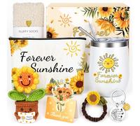 SelfTek Lot de 7 cadeaux de tournesol pour femme - Cadeau d'anniversaire pour femme et meilleure amie - Avec tasse thermique, trousse à cosmétiques, chaussettes, porte-clés, chouchous à cheveux, carte