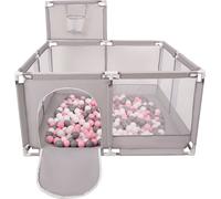 Selonis parc avec panier et 100 balles parc pour enfants, gris:blanc/gris/rose poudré
