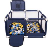 Selonis parc pour enfants avec panier et 100 balles, bleu:noir/blanc/gris/bleu/jaune