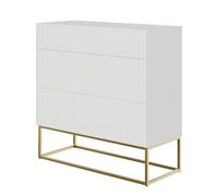 Selsey Commode Armoire 3 Tiroirs Façade Fraisée 90 cm sur Pieds Dorés Meuble De Rangement Blanc Veldio