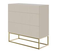 Selsey Commode Armoire 3 Tiroirs Façade Fraisée 90 cm sur Pieds Dorés Meuble De Rangement Gris Beige Veldio