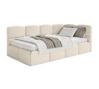 SELSEY - Lit ado CLOUDY - avec matelas & coffre - Maille bou Beige clair - Tête de lit à droite - 120x200 cm