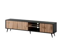 Selsey Meuble TV Armoire De Télévision sur Pieds Noir 175 cm À Lamelles Éclairage LED Chêne Wotan Bello