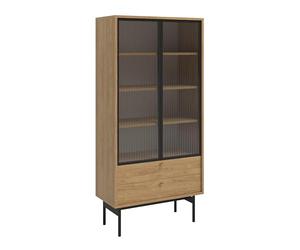 Selsey Vitrine en Verre pour Salon - Porte en Verre - Hauteur : 85 cm - 2 tiroirs et 4 Compartiments - Bois d'hickory Naturel - Olaire