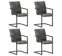 Selvicoly Lot de 4 chaises de salle à manger cantilever en cuir véritable gris avec accoudoirs pour cuisine, salon, chaise rembourrée, design rétro, rembourrée, ergonomique, pivotante, empilable