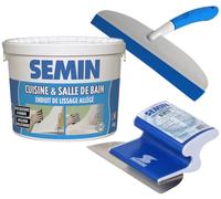 Semin A04736 Enduit de Lissage Cuisine et Salle de Bains, Adapté aux Pièces Humides, Seau de 5 kg, A06318 Lame CE 78 pour Enduire et Lisser, 15 cm et A04903 Raclette à Lisser