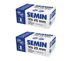 SEMIN Vis Plaque de Plâtre 3,5 x 25 mm - Vis Auto-Perceuses TTPC Double Filet - Fixation Ossature Métallique Intérieur - Acier Phosphaté Anti-Corrosion - 2 X Boîtes de 1000 Vis - Norme DTU 25.41