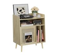 Semiocthome Support de Tourne-Disque avec Rangement en Vinyle, Table de Tourne-Disque avec étagère de Rangement, Support de Plateau tournant avec Porte d'armoire en rotin, Table d'appoint avec Pieds