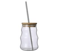 Sempoda Verres à boire réutilisables de 500 ml en verre avec couvercle en bambou et paille, verres à bière en forme de canette, verres à smoothie, gobelet à large goulot pour café, jus de fruits, soda