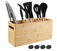 SenaiMy Grand-Ustensiles de Cuisine Géant en Bambou avec 3 Compartiments Amovibles, Organisateur de Couverts Rustique avec 2 Poignées et Patins Antidérapants pour Plan de Travail, Barbecue et Décorati