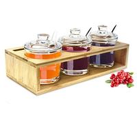 Sendez Lot de 3 Pots à Épices Boites Alimentaires avec Cadre en Bois et Cuillères, Boîtes à Confitures, Boîtes à Miel, Sucre, Sel, 27 x 13 x 12 cm, 10 Pièces