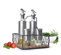 Sendez Lot de 5 pièces avec panier, salière et poivrière, distributeur d'huile et de vinaigre en acier inoxydable et verre
