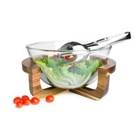 Sendez Saladier en verre avec couverts à salade sur support en bois 4,4 l