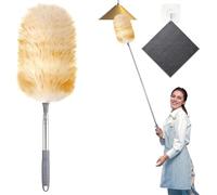SENLINLIN Plumeau télescopique Extensible 130 cm - Plumeau en Laine d’Agneau Naturelle, Doux, Lavable et Anti-Rayures, idéal pour plafonds, Meubles, Voitures et Surfaces délicates