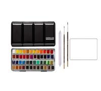 Sennelier Boîte de Peinture Aquarelle Extra-Fines,48 demi-godets Boîte en métal(36 +12) avec 2 pinceaux + 2 cartes postales et estompe EMI CRAFT