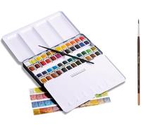 Sennelier Boîte de Peinture Aquarelle Extra-Fines,48 demi-godets Boîte en métal(36 +12) avec 2 pinceaux + 2 cartes postales et estompe EMI CRAFT