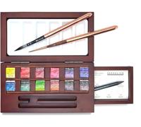 Sennelier Coffret 12 ½ godets Aquarelle extra-fine, en noyer + 2 pinceaux et 1 carte