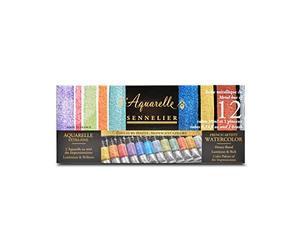 Sennelier Ensemble aquarelle pour artistes français, tubes de 10 ml, boîte en étain irisé 12 couleurs