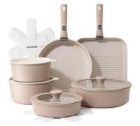 SENSARTE Batterie de Cuisine Induction avec Poignées Amovibles, 17PCS,Beige | Revêtement antiadhésif en céramique, lot poele et casserole, empilable, compatible lave-vaisselle/four