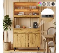 SENVIRO buffet haut vitrine 100 x 40 x 185 cm coloris chêne portes vitrées LED prises intégrées USB-A et USB-C
