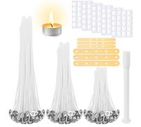 SEOIMU Lot de 150 mèches de bougie pour la fabrication de bougies, 100 autocollants pour mèche de bougie, 6 dispositifs de centrage de mèche de bougie en bois, mèche en coton pré-ciré avec languettes